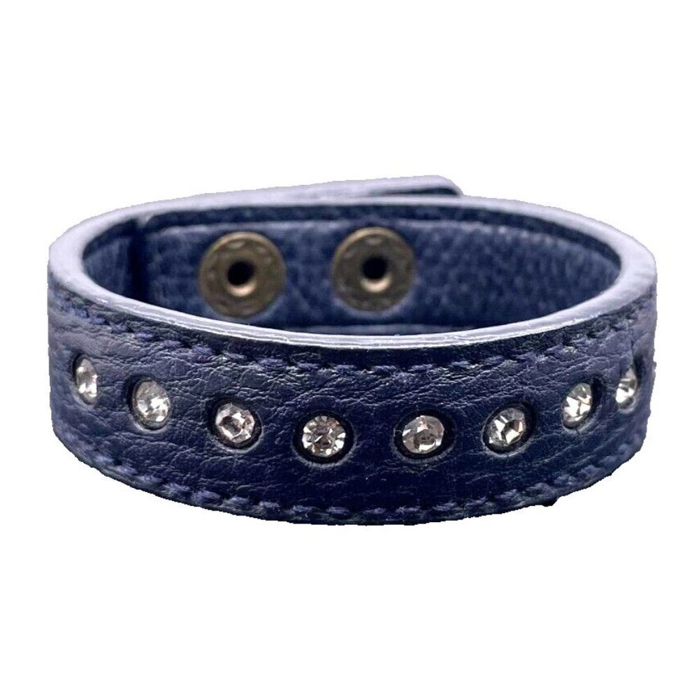 Yik Fung Blue Genuine Leather Rhinestones Bangle Bracelet Snap 6.75 to 7.5 in